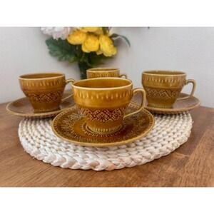 Vintage English Stoneware Tea Cups‎ Saucers Geometric Brown Pattern Retro Dining
